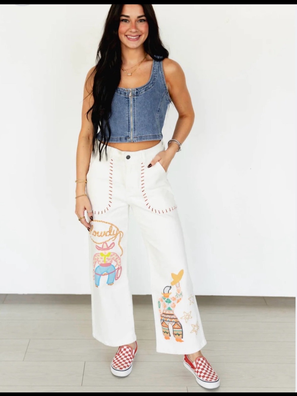White Embroidered Western Graphic Wide-Leg Jeans howdy cowboy stretch - Picture 2 of 3